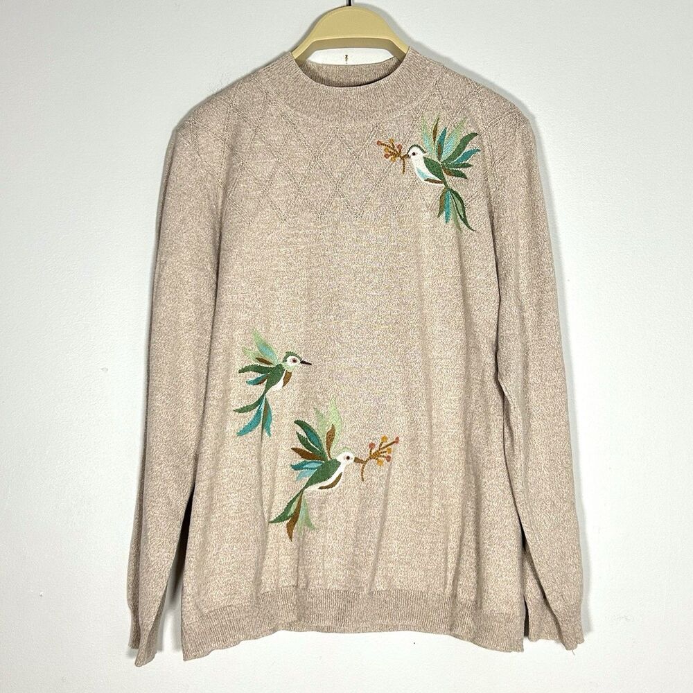Alfred Dunner L Embroidered Hummingbird Sweater Beige Mock Neck Cotton Blend